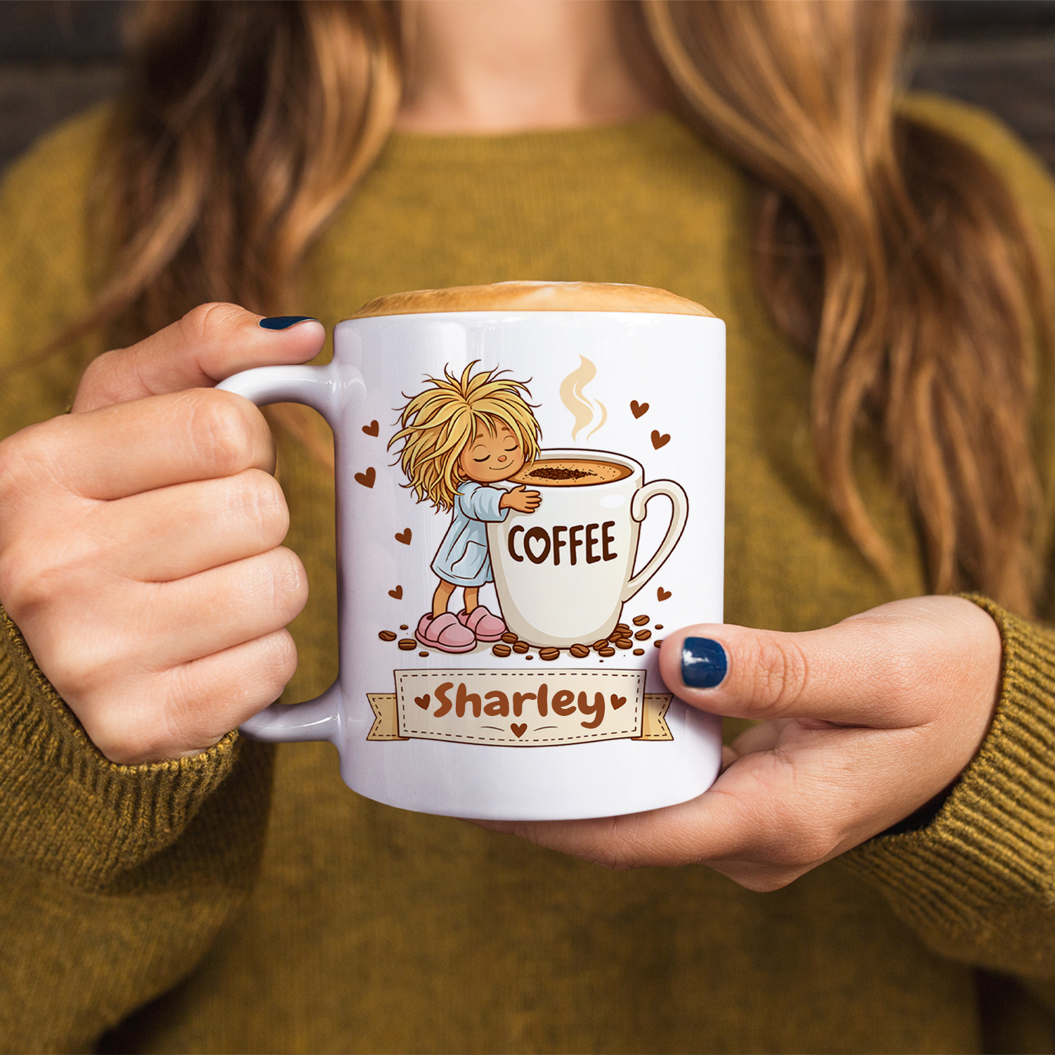 Personalised Cute Girl Hugging Coffee Cup